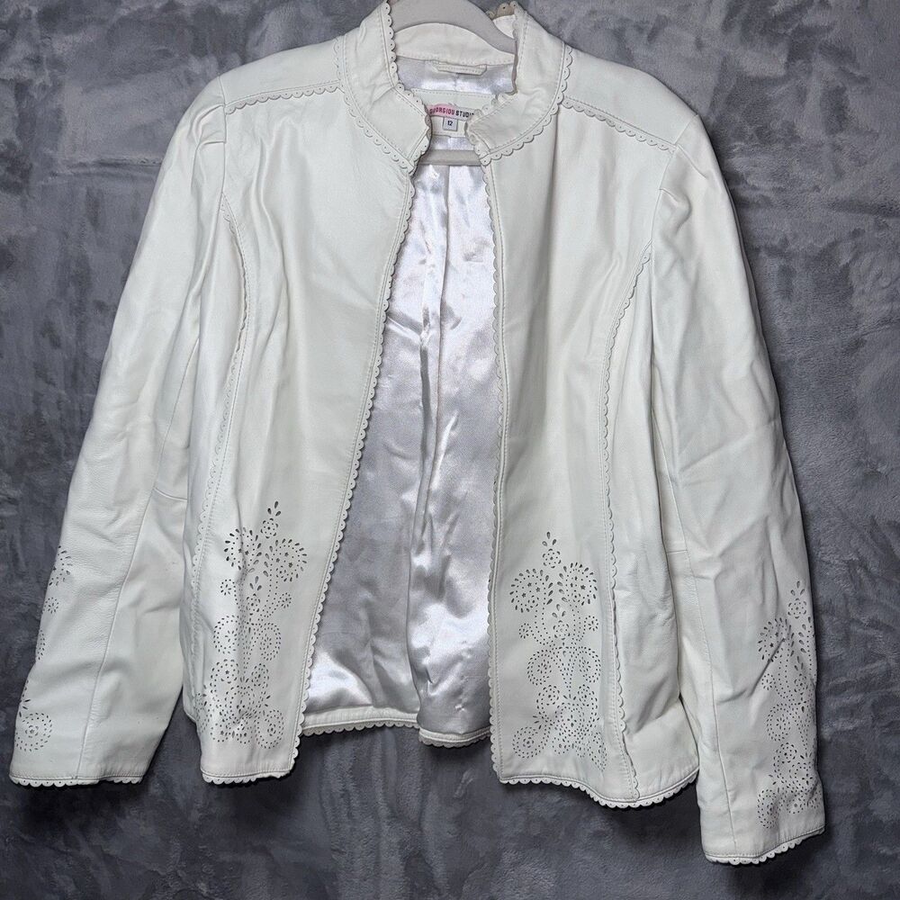 VTG  Georgiou Studio Women Leather Jacket White Sz 12 Boho Western Cowgirl Light